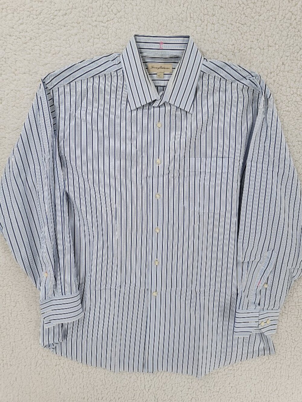 Tommy Bahama Men's Dress Shirt Size 17 32/33 Blue White Vertical Pinstripe LS
